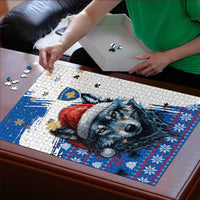 Kosovo Christmas Puzzle with Santa Wolf Snowflakes Blue Pattern and National Emblem - Wonder Print Shop