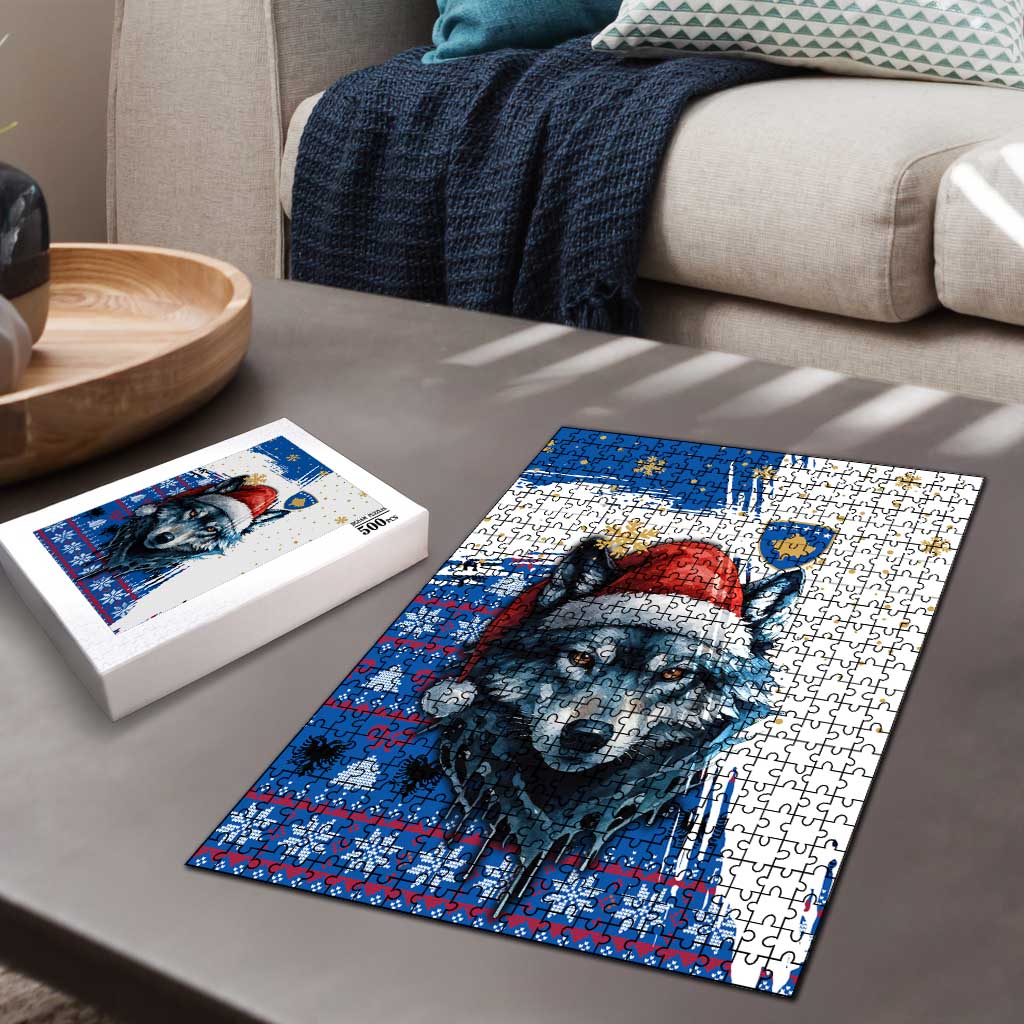 Kosovo Christmas Puzzle with Santa Wolf Snowflakes Blue Pattern and National Emblem - Wonder Print Shop