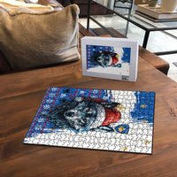 Kosovo Christmas Puzzle with Santa Wolf Snowflakes Blue Pattern and National Emblem - Wonder Print Shop
