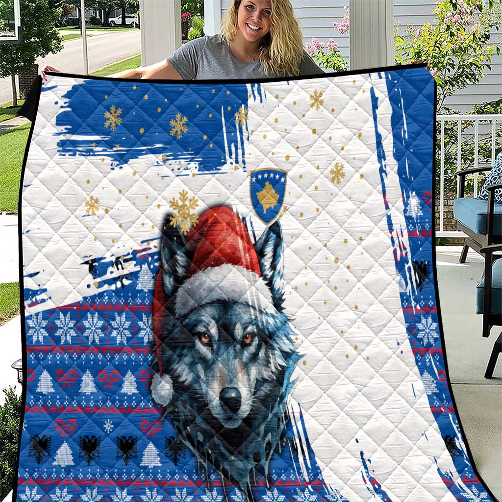 Kosovo Christmas Quilt with Santa Wolf Snowflakes Blue Pattern and National Emblem - Wonder Print Shop