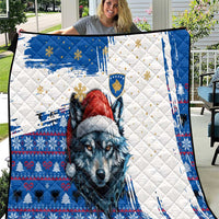 Kosovo Christmas Quilt with Santa Wolf Snowflakes Blue Pattern and National Emblem - Wonder Print Shop