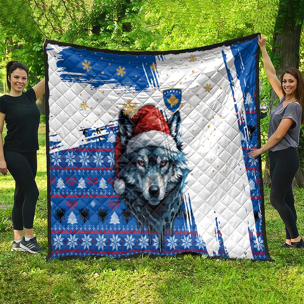 Kosovo Christmas Quilt with Santa Wolf Snowflakes Blue Pattern and National Emblem - Wonder Print Shop
