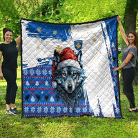 Kosovo Christmas Quilt with Santa Wolf Snowflakes Blue Pattern and National Emblem - Wonder Print Shop