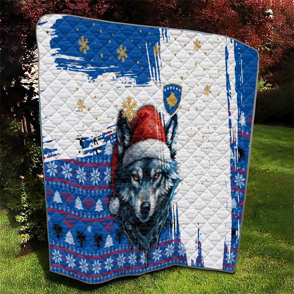 Kosovo Christmas Quilt with Santa Wolf Snowflakes Blue Pattern and National Emblem - Wonder Print Shop