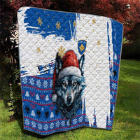 Kosovo Christmas Quilt with Santa Wolf Snowflakes Blue Pattern and National Emblem - Wonder Print Shop