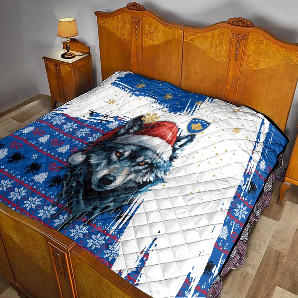 Kosovo Christmas Quilt with Santa Wolf Snowflakes Blue Pattern and National Emblem - Wonder Print Shop