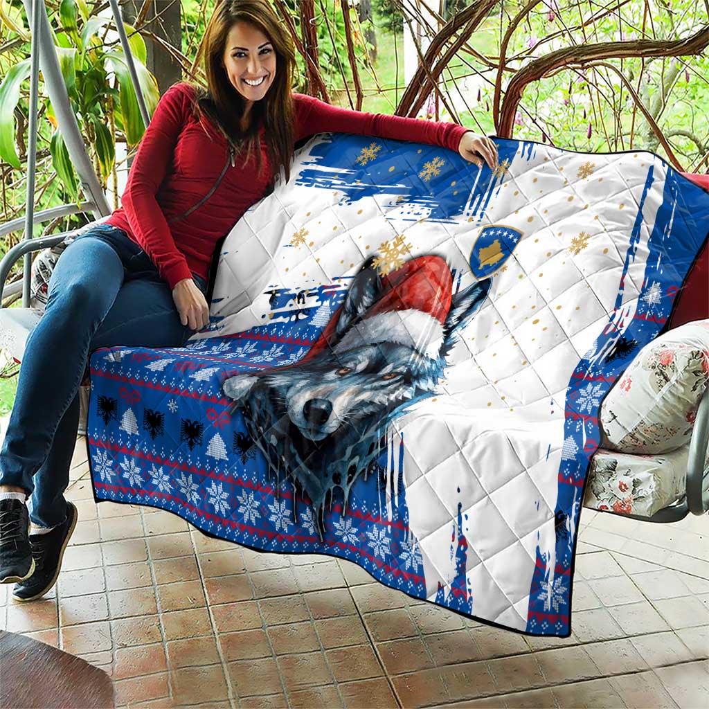 Kosovo Christmas Quilt with Santa Wolf Snowflakes Blue Pattern and National Emblem - Wonder Print Shop