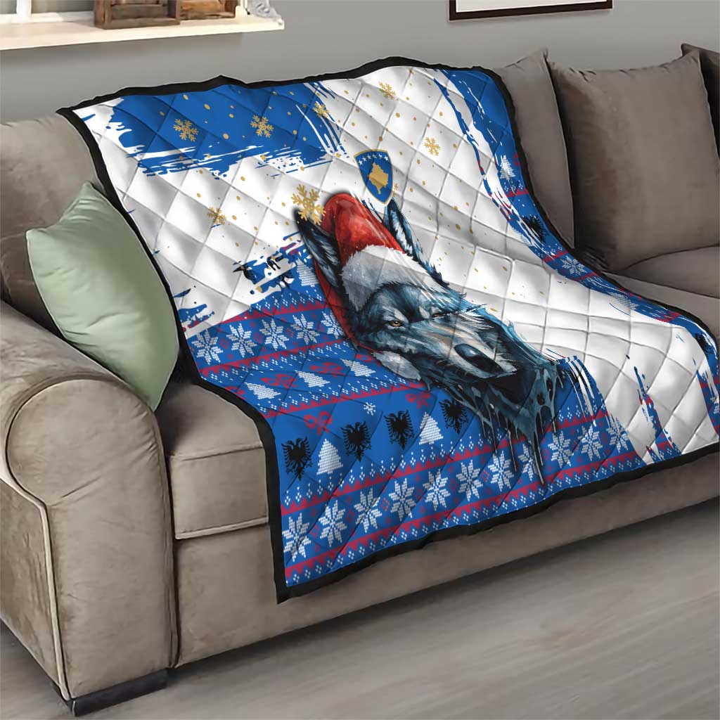 Kosovo Christmas Quilt with Santa Wolf Snowflakes Blue Pattern and National Emblem - Wonder Print Shop