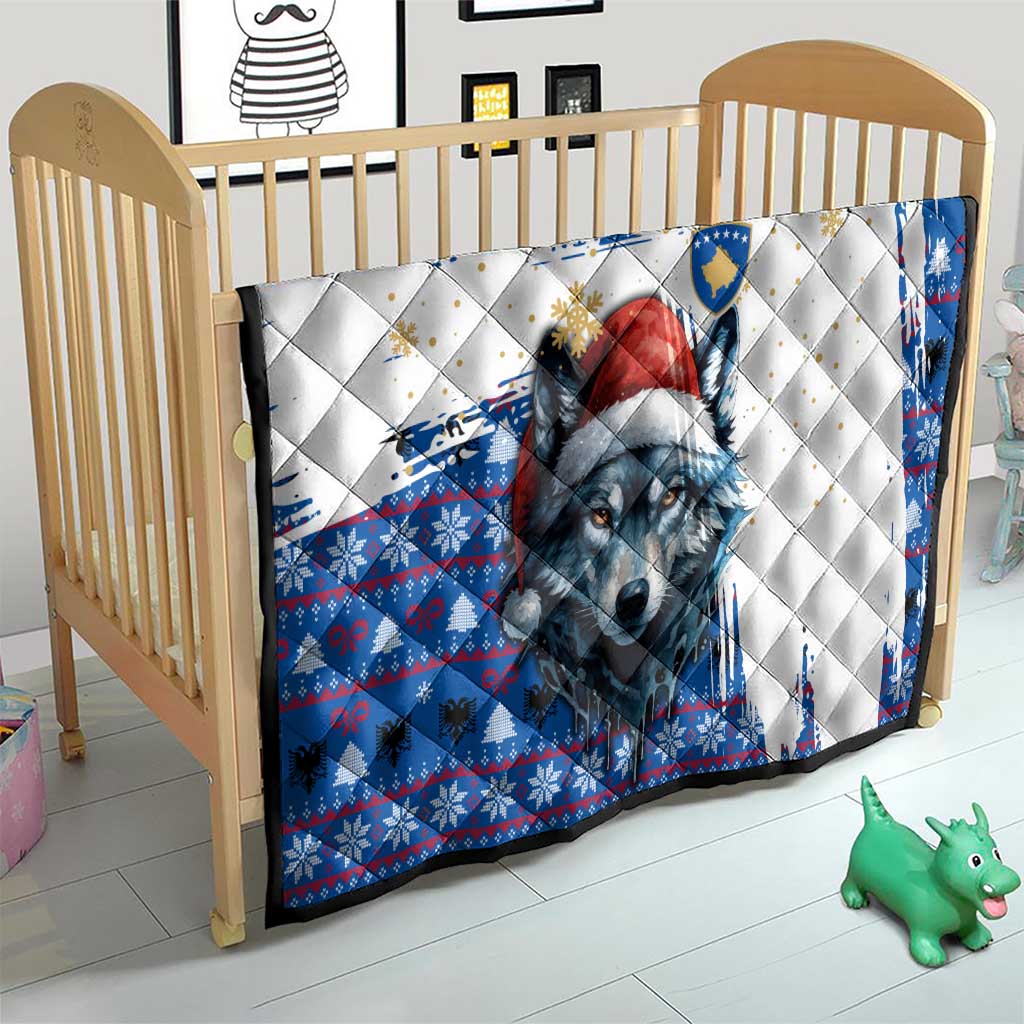 Kosovo Christmas Quilt with Santa Wolf Snowflakes Blue Pattern and National Emblem - Wonder Print Shop