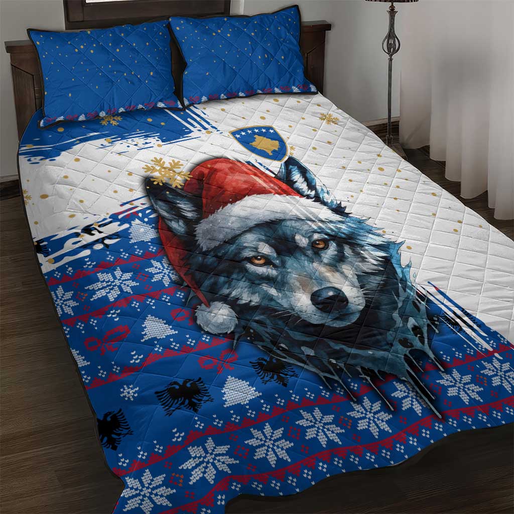 Kosovo Christmas Quilt Bed Set with Santa Wolf Snowflakes Blue Pattern and National Emblem - Wonder Print Shop