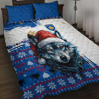 Kosovo Christmas Quilt Bed Set with Santa Wolf Snowflakes Blue Pattern and National Emblem - Wonder Print Shop