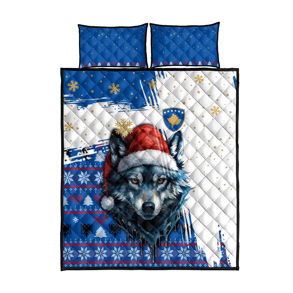 Kosovo Christmas Quilt Bed Set with Santa Wolf Snowflakes Blue Pattern and National Emblem - Wonder Print Shop