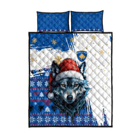Kosovo Christmas Quilt Bed Set with Santa Wolf Snowflakes Blue Pattern and National Emblem - Wonder Print Shop