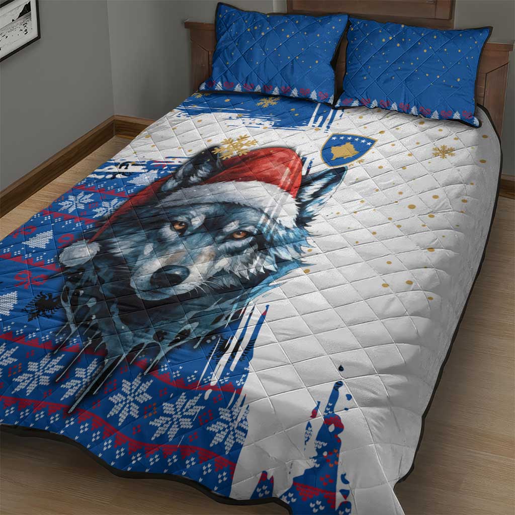 Kosovo Christmas Quilt Bed Set with Santa Wolf Snowflakes Blue Pattern and National Emblem - Wonder Print Shop