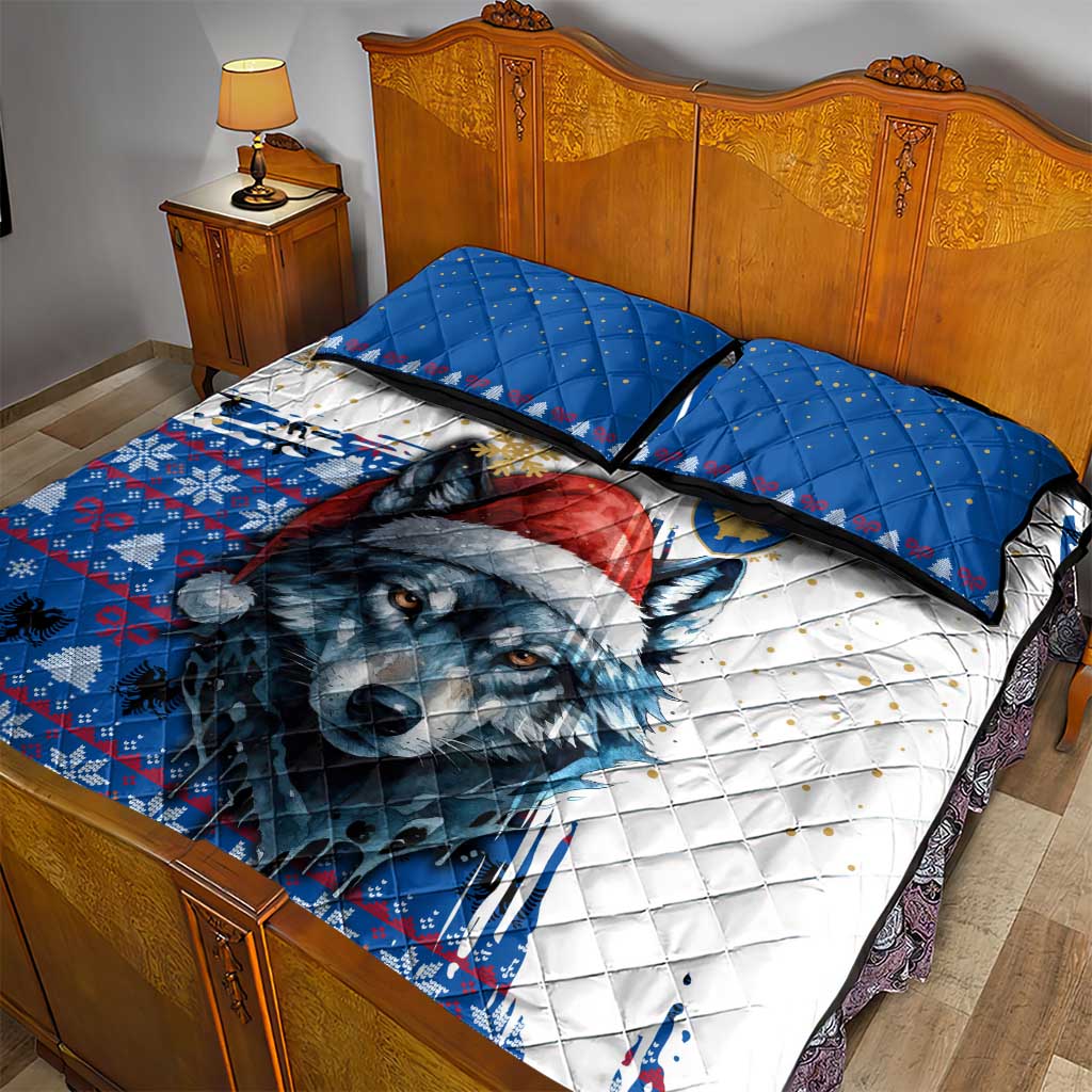 Kosovo Christmas Quilt Bed Set with Santa Wolf Snowflakes Blue Pattern and National Emblem - Wonder Print Shop