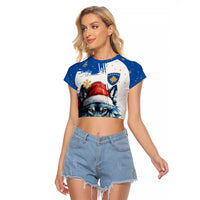 Kosovo Christmas Raglan Cropped T Shirt with Santa Wolf Snowflakes Blue Pattern and National Emblem - Wonder Print Shop