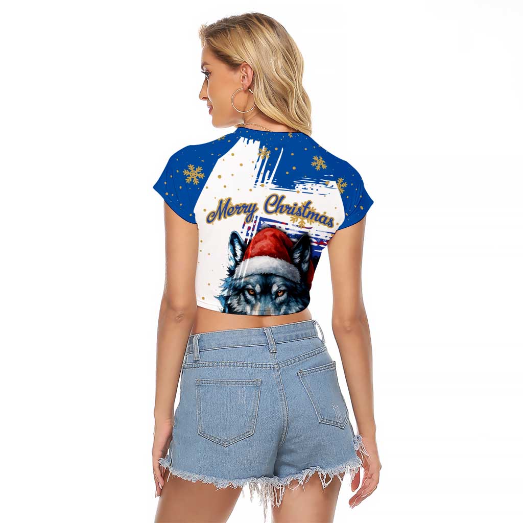 Kosovo Christmas Raglan Cropped T Shirt with Santa Wolf Snowflakes Blue Pattern and National Emblem - Wonder Print Shop
