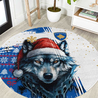 Kosovo Christmas Round Carpet with Santa Wolf Snowflakes Blue Pattern and National Emblem - Wonder Print Shop