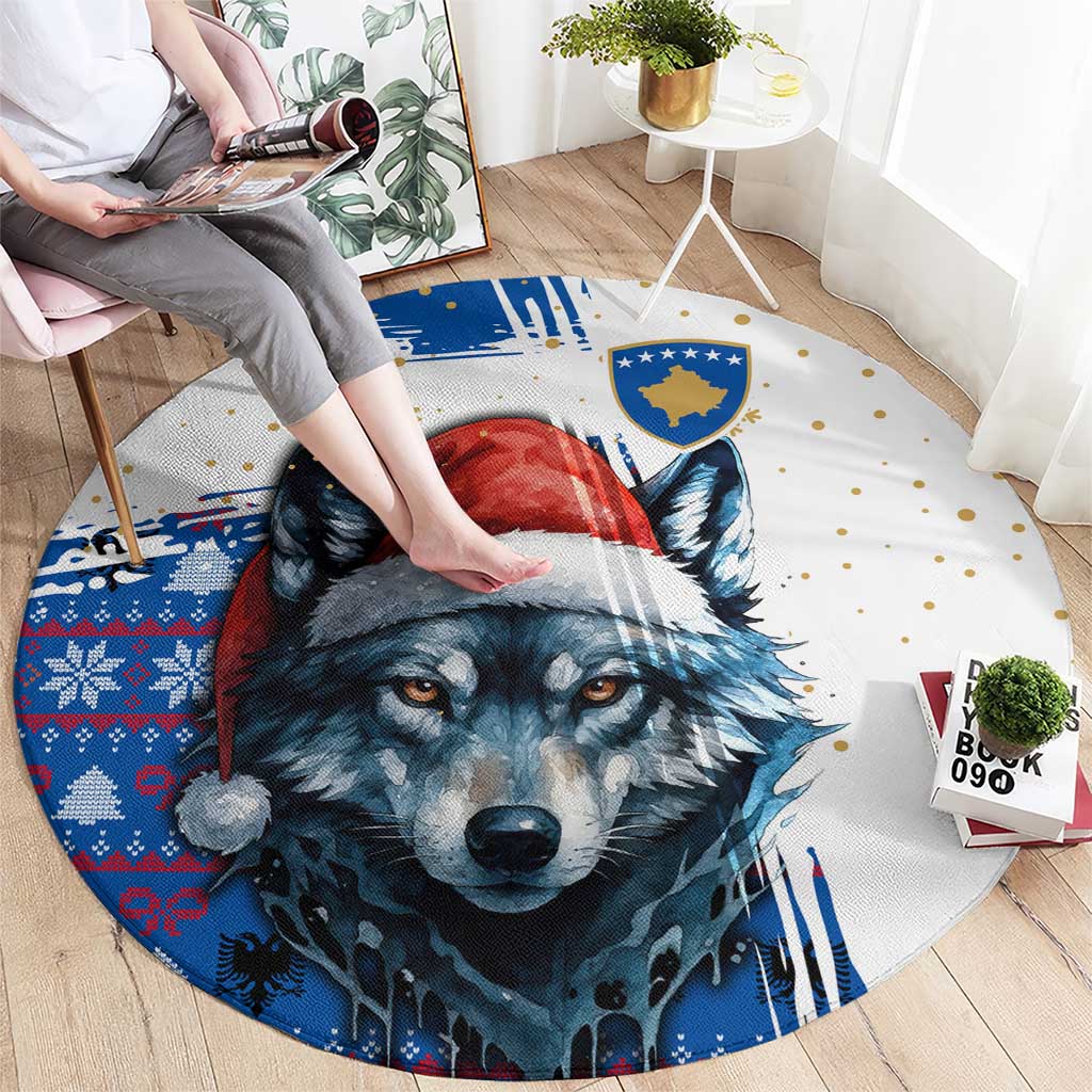 Kosovo Christmas Round Carpet with Santa Wolf Snowflakes Blue Pattern and National Emblem - Wonder Print Shop