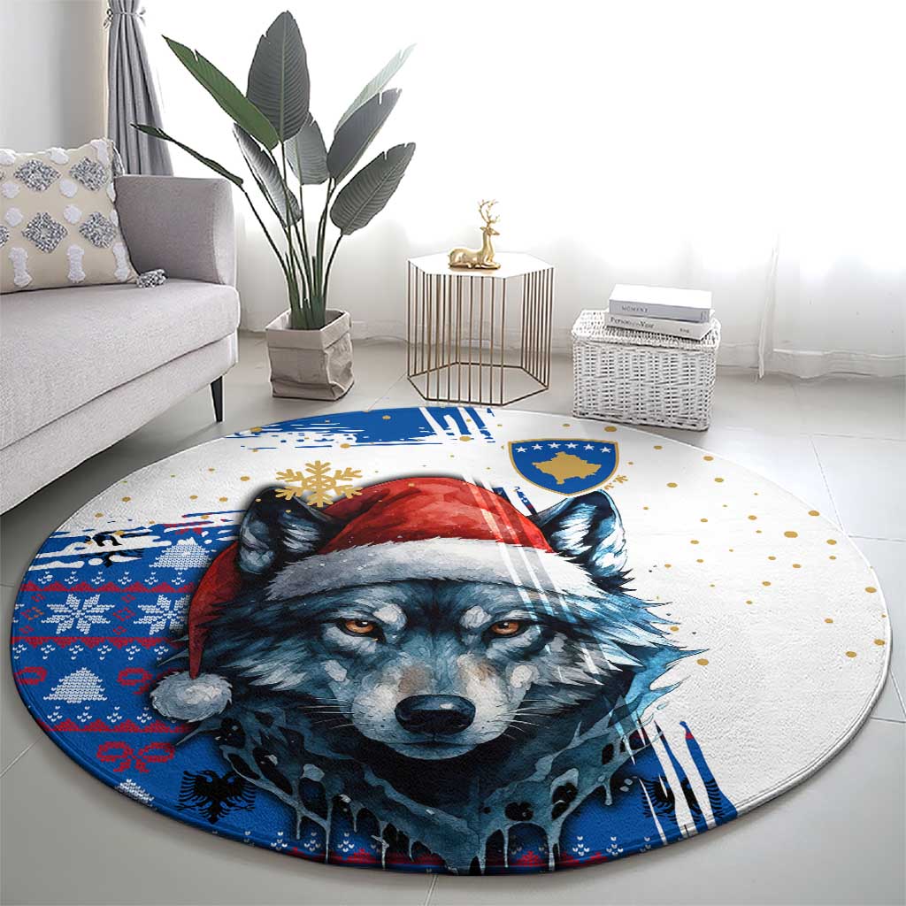 Kosovo Christmas Round Carpet with Santa Wolf Snowflakes Blue Pattern and National Emblem - Wonder Print Shop
