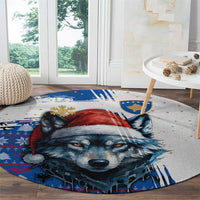 Kosovo Christmas Round Carpet with Santa Wolf Snowflakes Blue Pattern and National Emblem - Wonder Print Shop