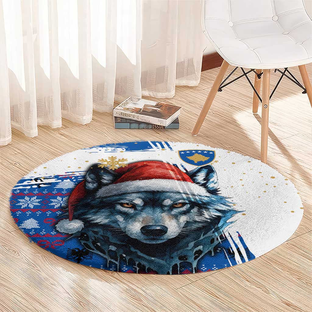 Kosovo Christmas Round Carpet with Santa Wolf Snowflakes Blue Pattern and National Emblem - Wonder Print Shop