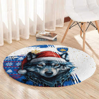 Kosovo Christmas Round Carpet with Santa Wolf Snowflakes Blue Pattern and National Emblem - Wonder Print Shop