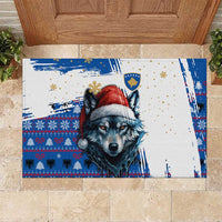 Kosovo Christmas Rubber Doormat with Santa Wolf Snowflakes Blue Pattern and National Emblem - Wonder Print Shop