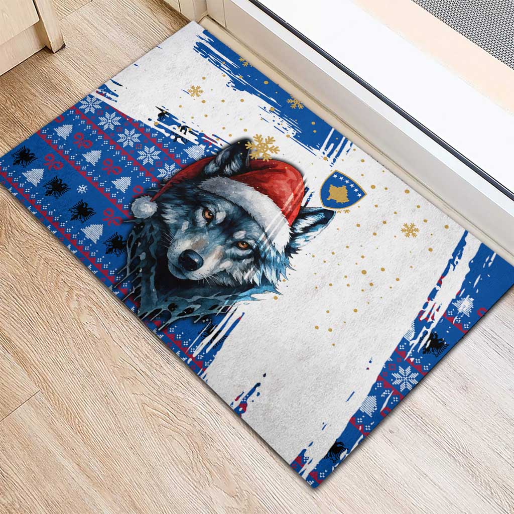 Kosovo Christmas Rubber Doormat with Santa Wolf Snowflakes Blue Pattern and National Emblem - Wonder Print Shop