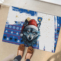 Kosovo Christmas Rubber Doormat with Santa Wolf Snowflakes Blue Pattern and National Emblem - Wonder Print Shop