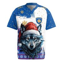 Kosovo Christmas Rugby Jersey with Santa Wolf Snowflakes Blue Pattern and National Emblem - Wonder Print Shop