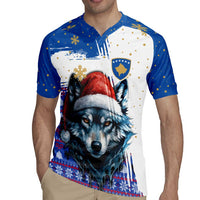 Kosovo Christmas Rugby Jersey with Santa Wolf Snowflakes Blue Pattern and National Emblem - Wonder Print Shop