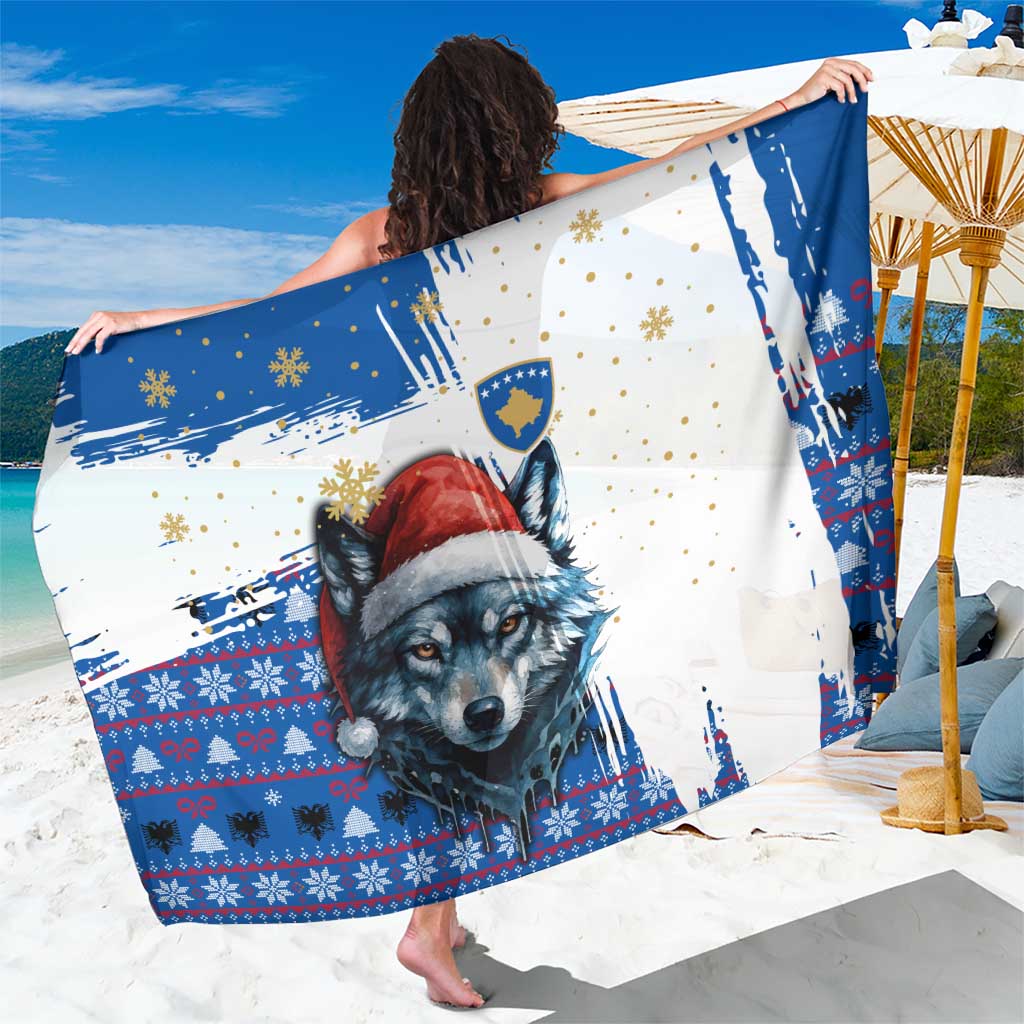 Kosovo Christmas Sarong with Santa Wolf Snowflakes Blue Pattern and National Emblem - Wonder Print Shop
