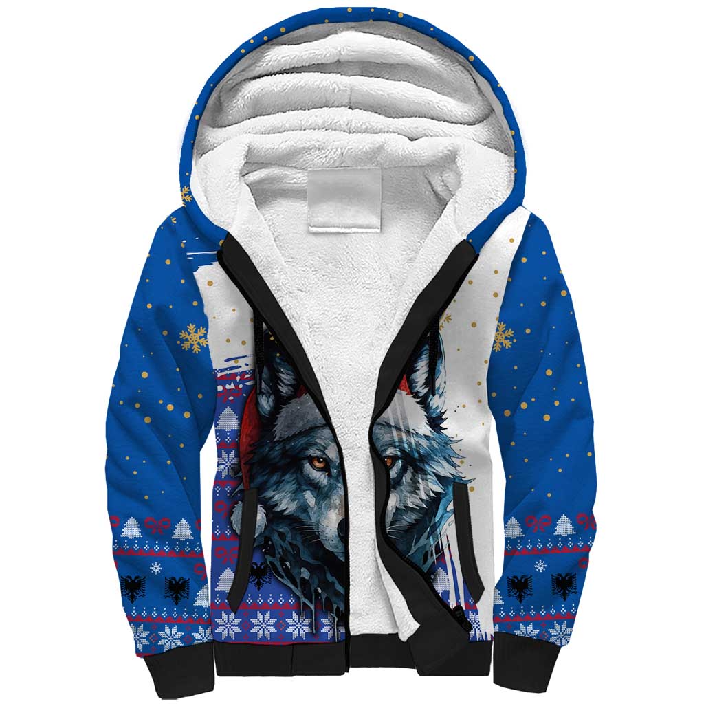 Kosovo Christmas Sherpa Hoodie with Santa Wolf Snowflakes Blue Pattern and National Emblem - Wonder Print Shop