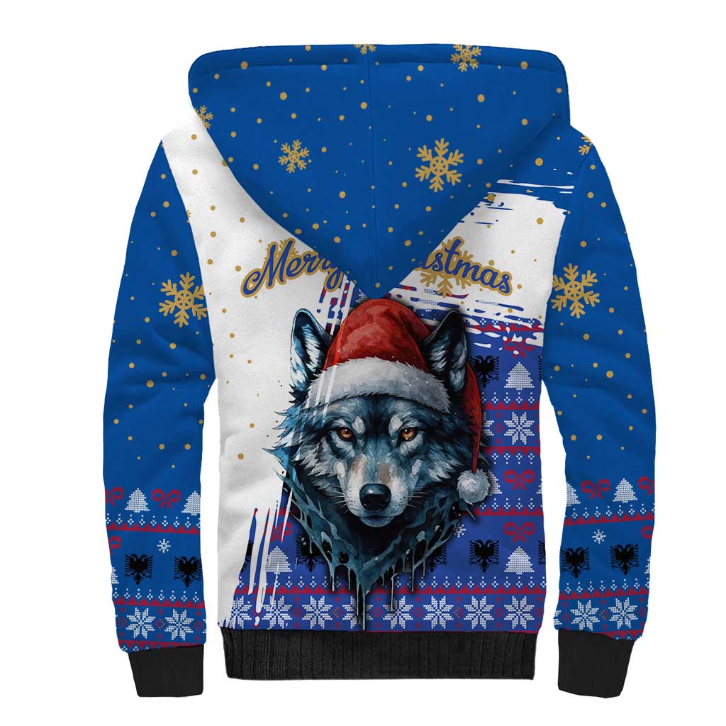 Kosovo Christmas Sherpa Hoodie with Santa Wolf Snowflakes Blue Pattern and National Emblem - Wonder Print Shop