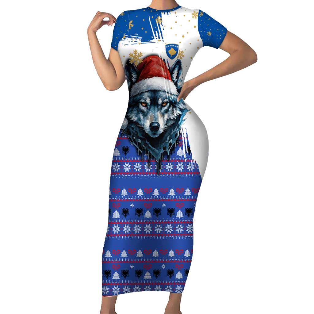 Kosovo Christmas Short Sleeve Bodycon Dress with Santa Wolf Snowflakes Blue Pattern and National Emblem - Wonder Print Shop