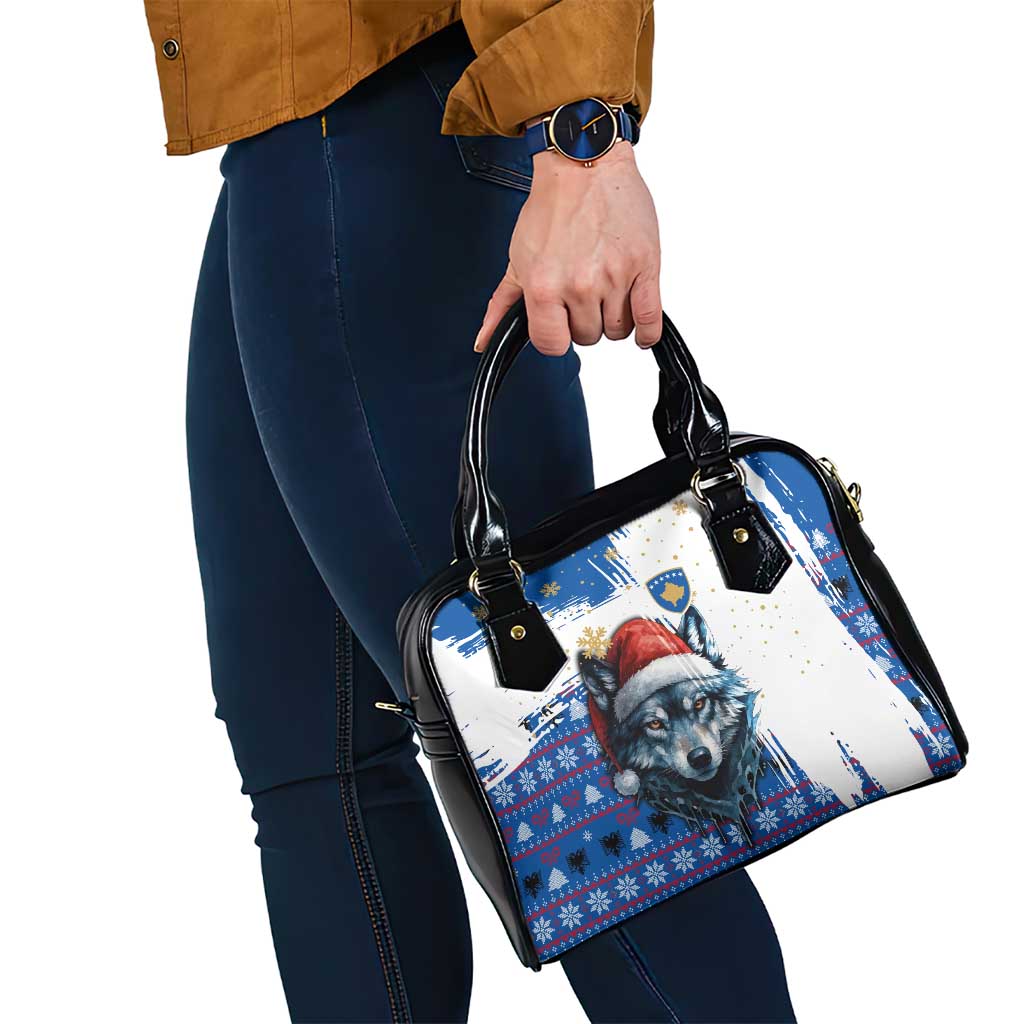 Kosovo Christmas Shoulder Handbag with Santa Wolf Snowflakes Blue Pattern and National Emblem - Wonder Print Shop