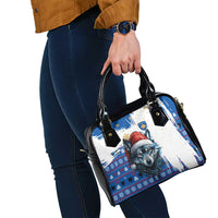 Kosovo Christmas Shoulder Handbag with Santa Wolf Snowflakes Blue Pattern and National Emblem - Wonder Print Shop