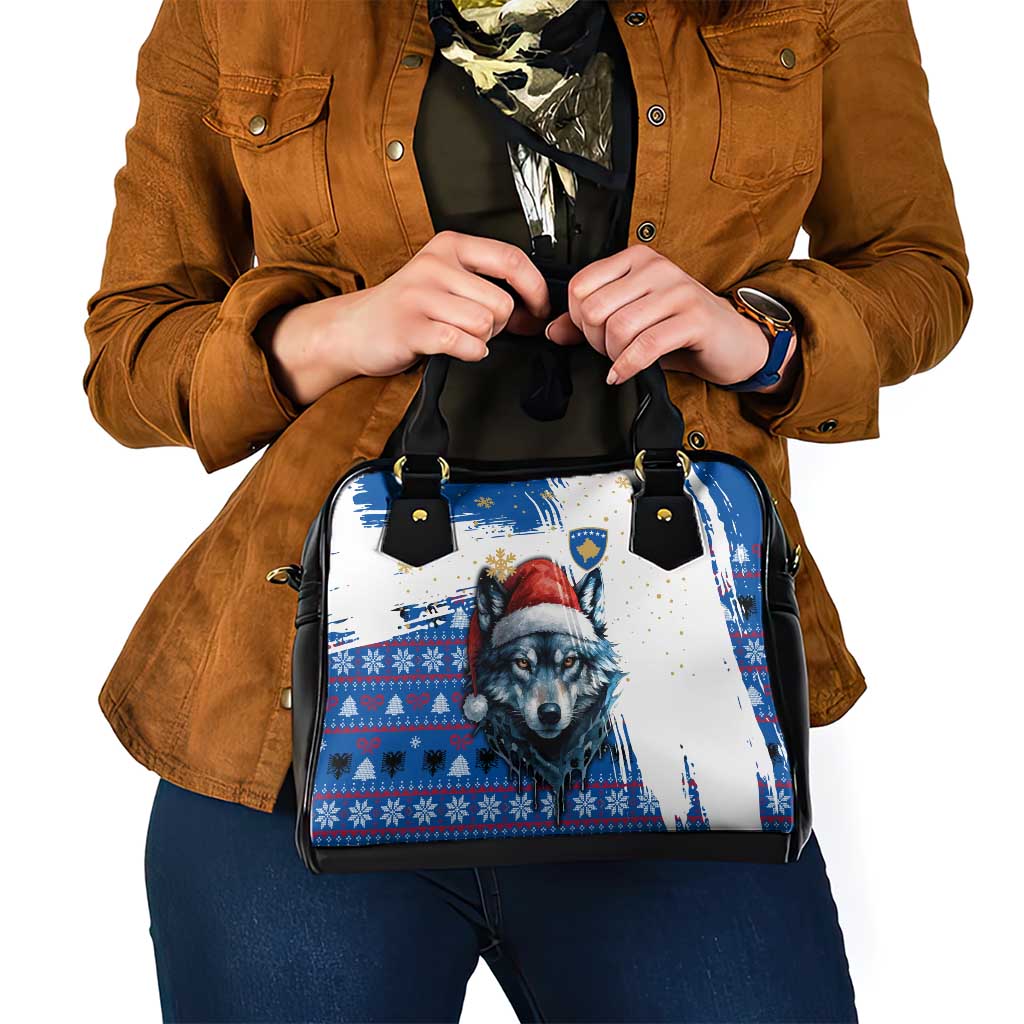 Kosovo Christmas Shoulder Handbag with Santa Wolf Snowflakes Blue Pattern and National Emblem - Wonder Print Shop