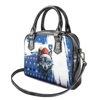 Kosovo Christmas Shoulder Handbag with Santa Wolf Snowflakes Blue Pattern and National Emblem - Wonder Print Shop