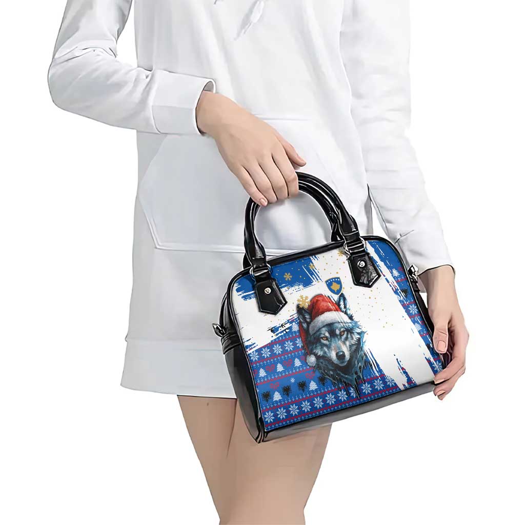 Kosovo Christmas Shoulder Handbag with Santa Wolf Snowflakes Blue Pattern and National Emblem - Wonder Print Shop