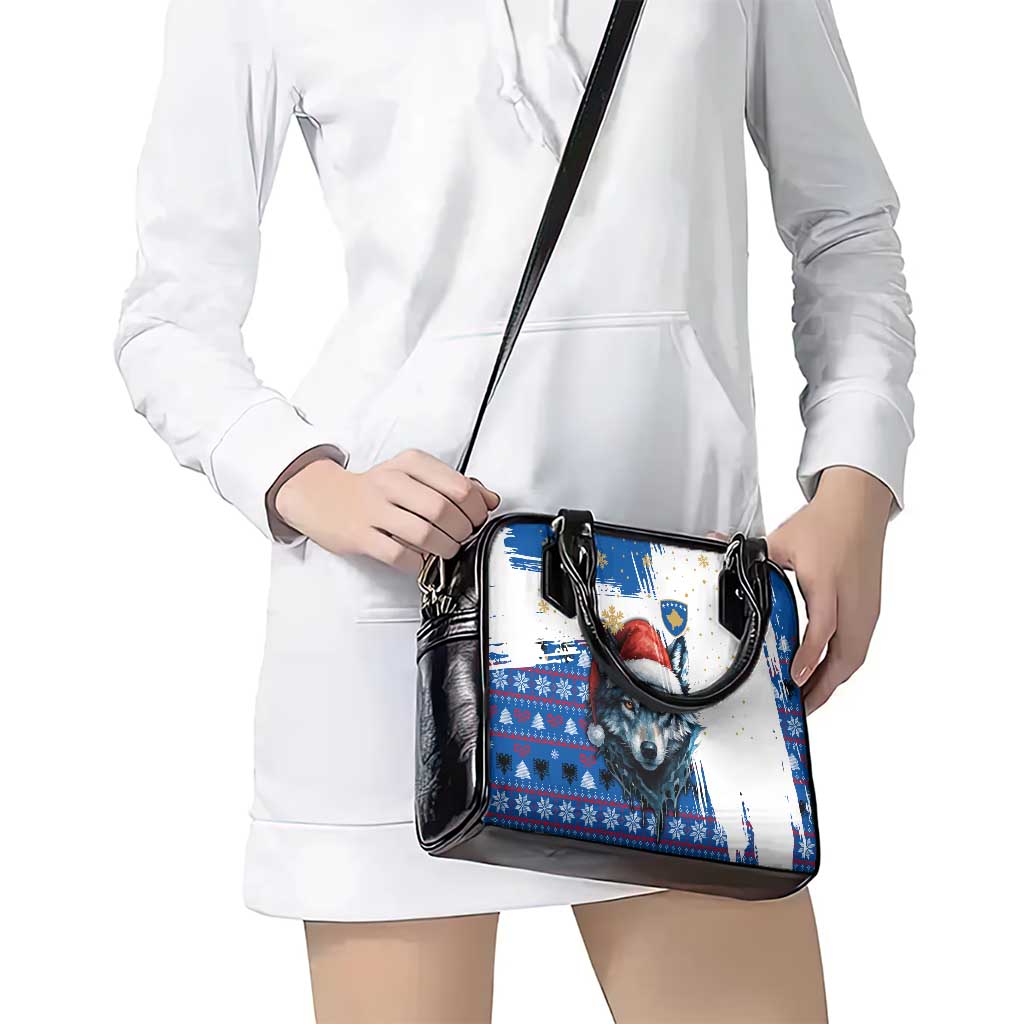 Kosovo Christmas Shoulder Handbag with Santa Wolf Snowflakes Blue Pattern and National Emblem - Wonder Print Shop