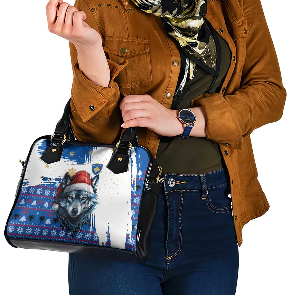Kosovo Christmas Shoulder Handbag with Santa Wolf Snowflakes Blue Pattern and National Emblem - Wonder Print Shop