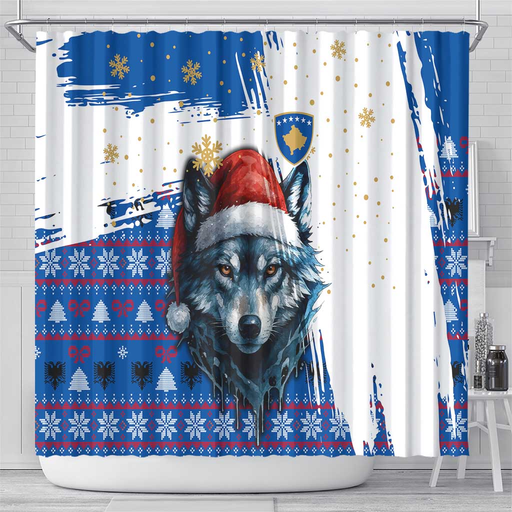 Kosovo Christmas Shower Curtain with Santa Wolf Snowflakes Blue Pattern and National Emblem - Wonder Print Shop