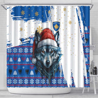 Kosovo Christmas Shower Curtain with Santa Wolf Snowflakes Blue Pattern and National Emblem - Wonder Print Shop