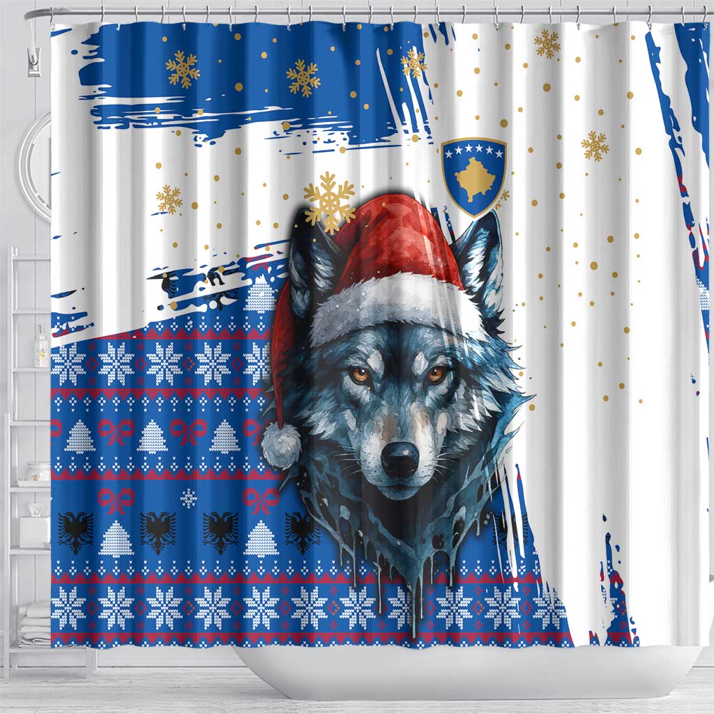 Kosovo Christmas Shower Curtain with Santa Wolf Snowflakes Blue Pattern and National Emblem - Wonder Print Shop