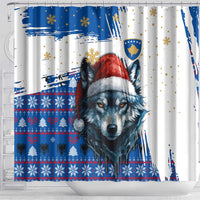 Kosovo Christmas Shower Curtain with Santa Wolf Snowflakes Blue Pattern and National Emblem - Wonder Print Shop