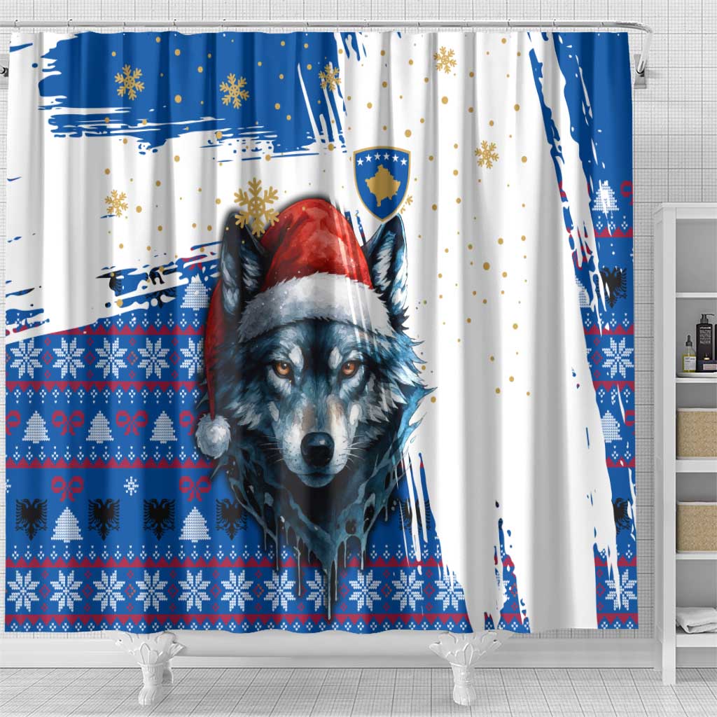 Kosovo Christmas Shower Curtain with Santa Wolf Snowflakes Blue Pattern and National Emblem - Wonder Print Shop