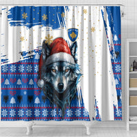 Kosovo Christmas Shower Curtain with Santa Wolf Snowflakes Blue Pattern and National Emblem - Wonder Print Shop