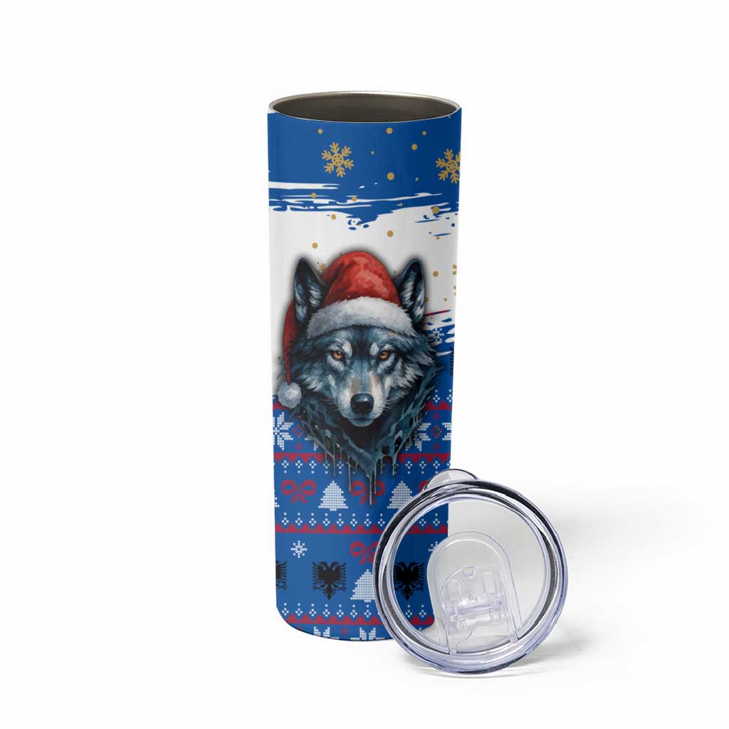 Kosovo Christmas Skinny Tumbler with Santa Wolf Snowflakes Blue Pattern and National Emblem - Wonder Print Shop